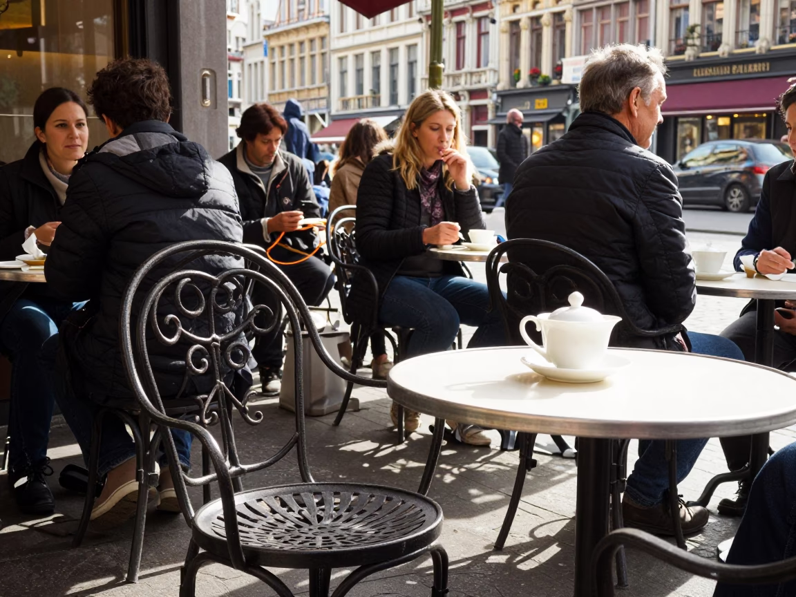 Busy Brussels Cafe Terrace with Spindle Chair and Tea Tray in Early Afternoon Light in in Brussels, Belgium