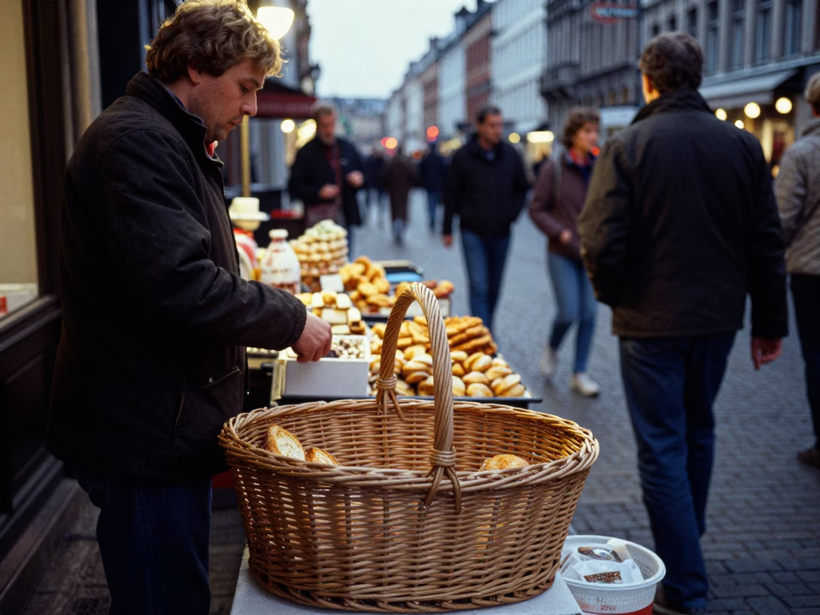 Busy Brussels Evening Street Scene with Wicker Hamper and Pastries in Urban Belgium in in Brussels, Belgium