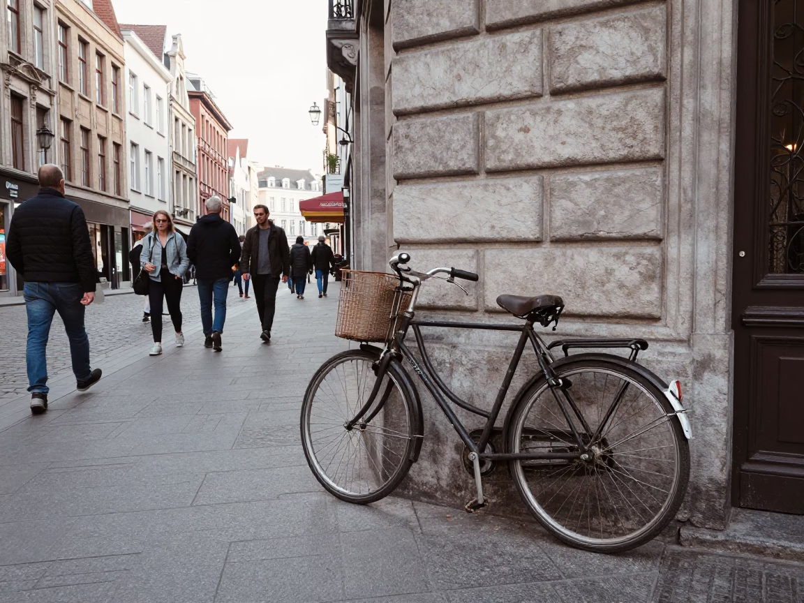 Busy Brussels Late Morning Street Scene with Vintage Bicycle and Leather Basketball in in Brussels, Belgium