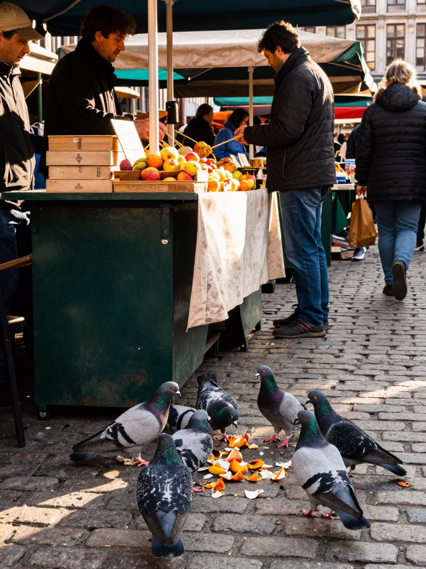 Busy Brussels Market Stall in Late Afternoon Light with Pigeons in in Brussels, Belgium