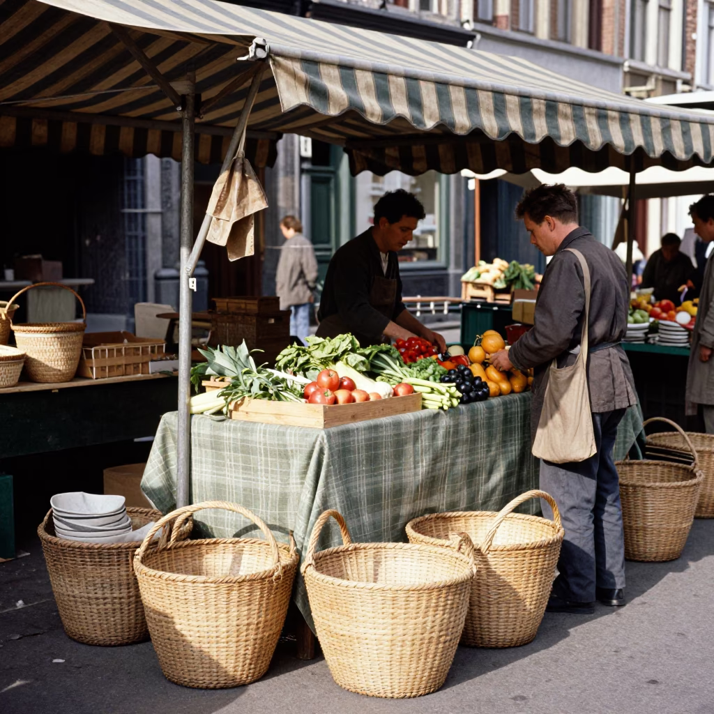 Busy Brussels Market Stall with Woven Baskets and Local Street Life in Late Morning in in Brussels, Belgium