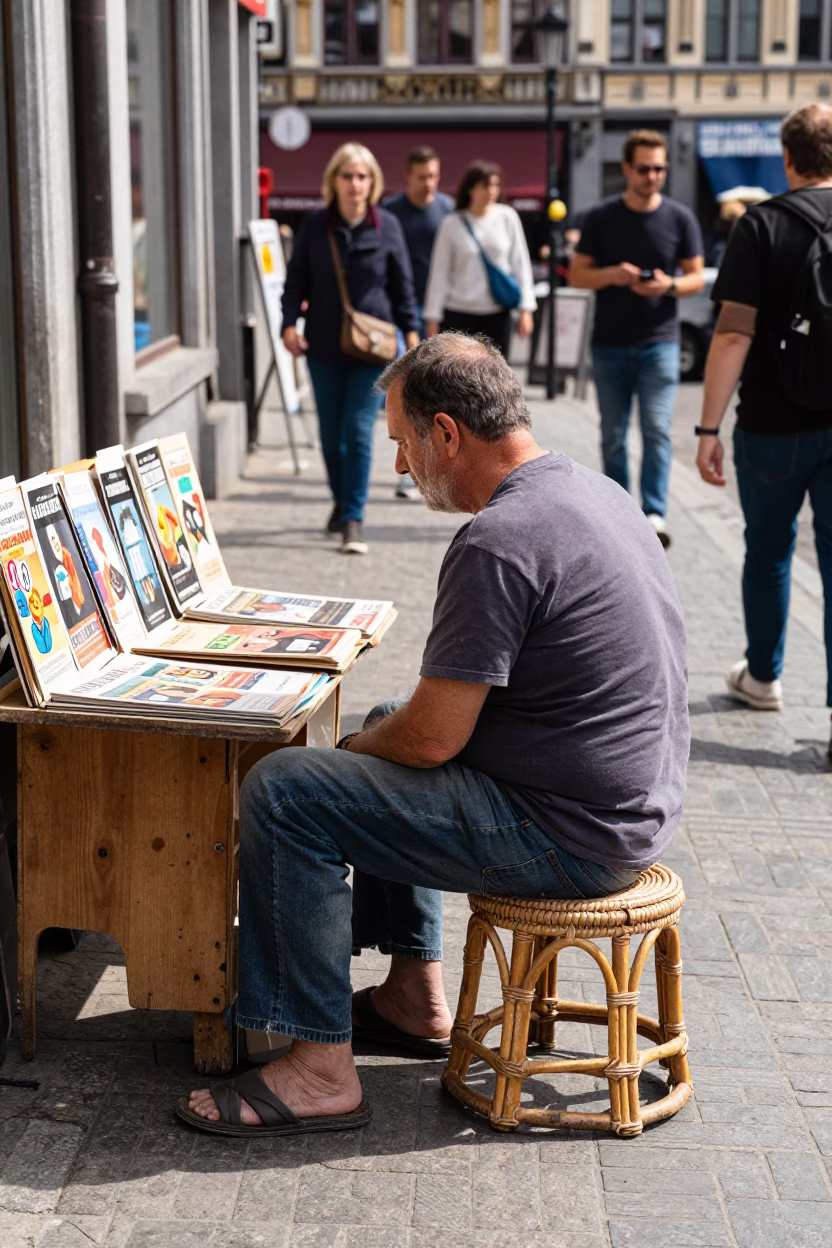 Busy Brussels Midday Street Scene with Rattan Stool and Magazines in in Brussels, Belgium