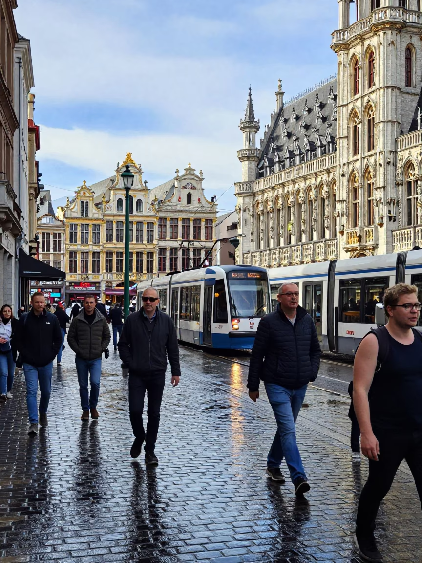 Busy Brussels Midday Street Scene with Tram and Pedestrians Near Grand Place in in Brussels, Belgium