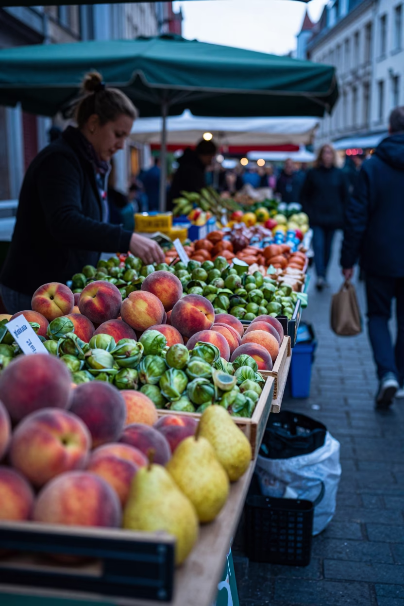 Busy Brussels Morning Market Stall with Peaches and Green Foliage in in Brussels, Belgium