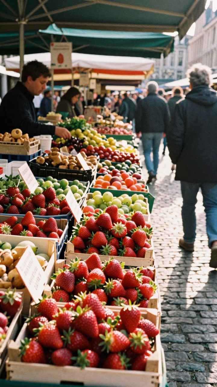 Busy Brussels Morning Market Stall with Strawberries and Local Produce Just After Sunrise in in Brussels, Belgium