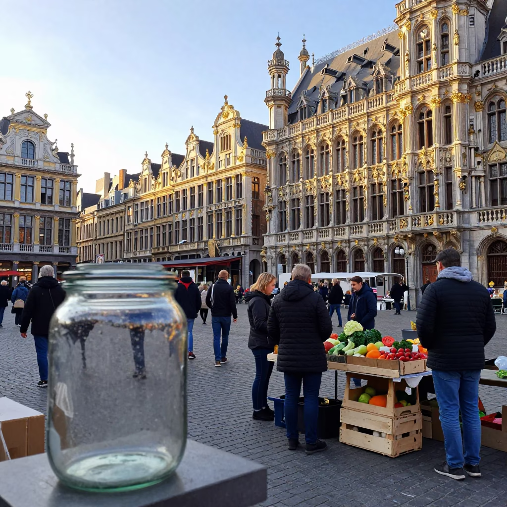 Busy Brussels Morning Street Scene with Glass Jar and Cobblestone Architecture in in Brussels, Belgium