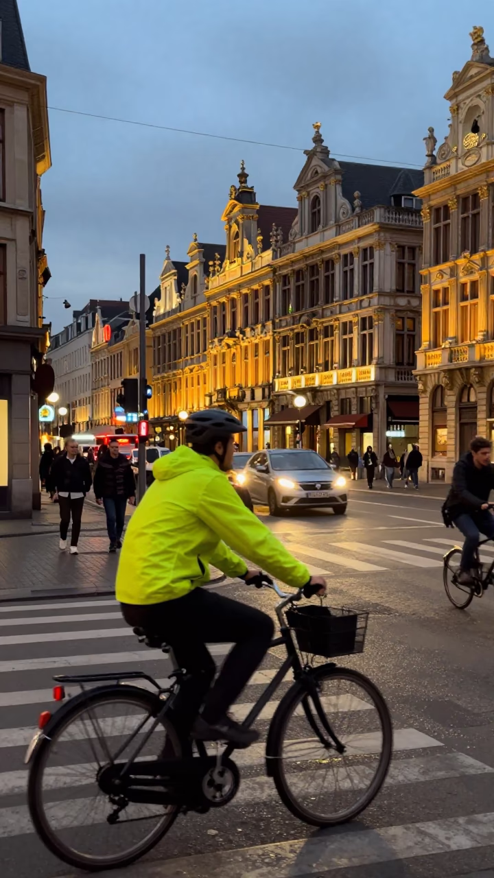 Busy Brussels street corner at dusk with cyclist and brick architecture in in Brussels, Belgium