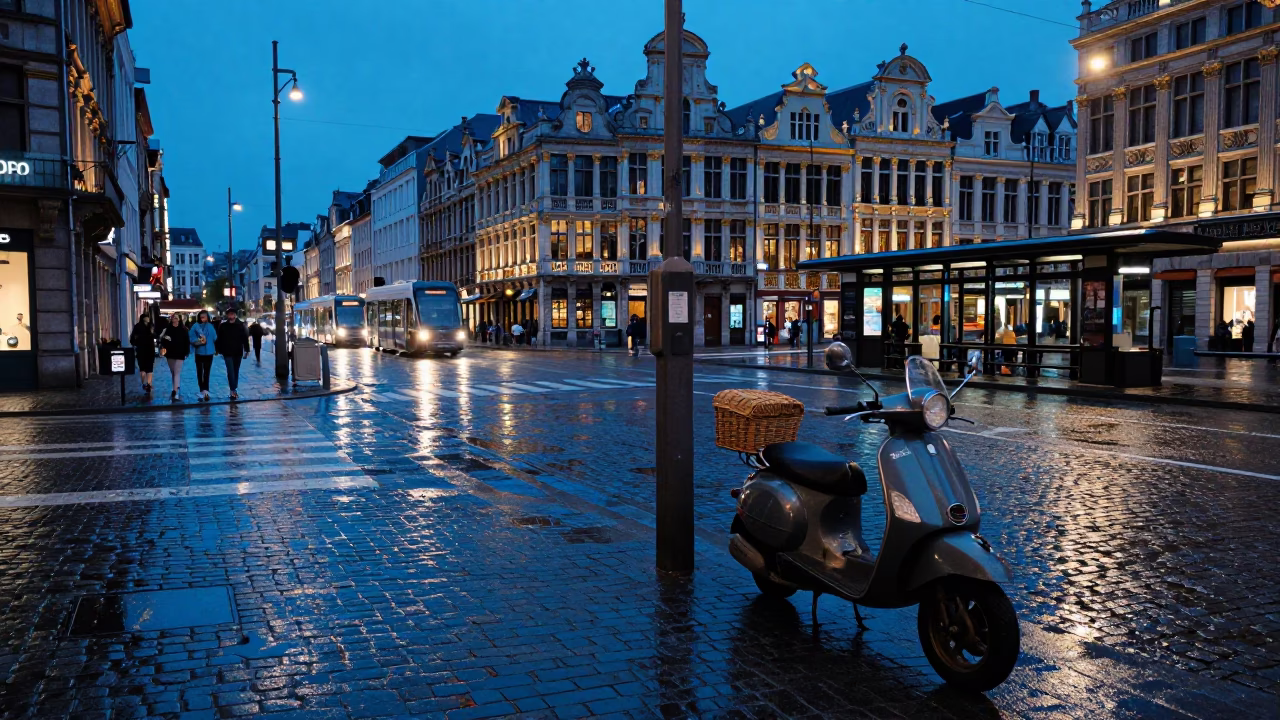 Busy Brussels Street Corner at Dusk with Wet Cobblestones and Vintage Scooters in in Brussels, Belgium