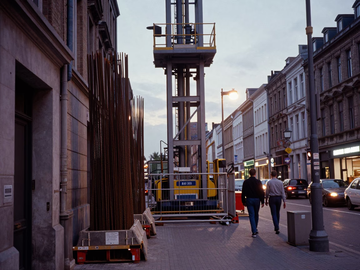 Busy Brussels Street Corner Evening Scene with Construction Elevator and Pedestrians in in Brussels, Belgium