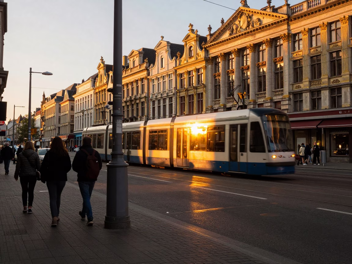 Busy Brussels Street Corner in Honeyed Evening Light with Vintage Details in in Brussels, Belgium