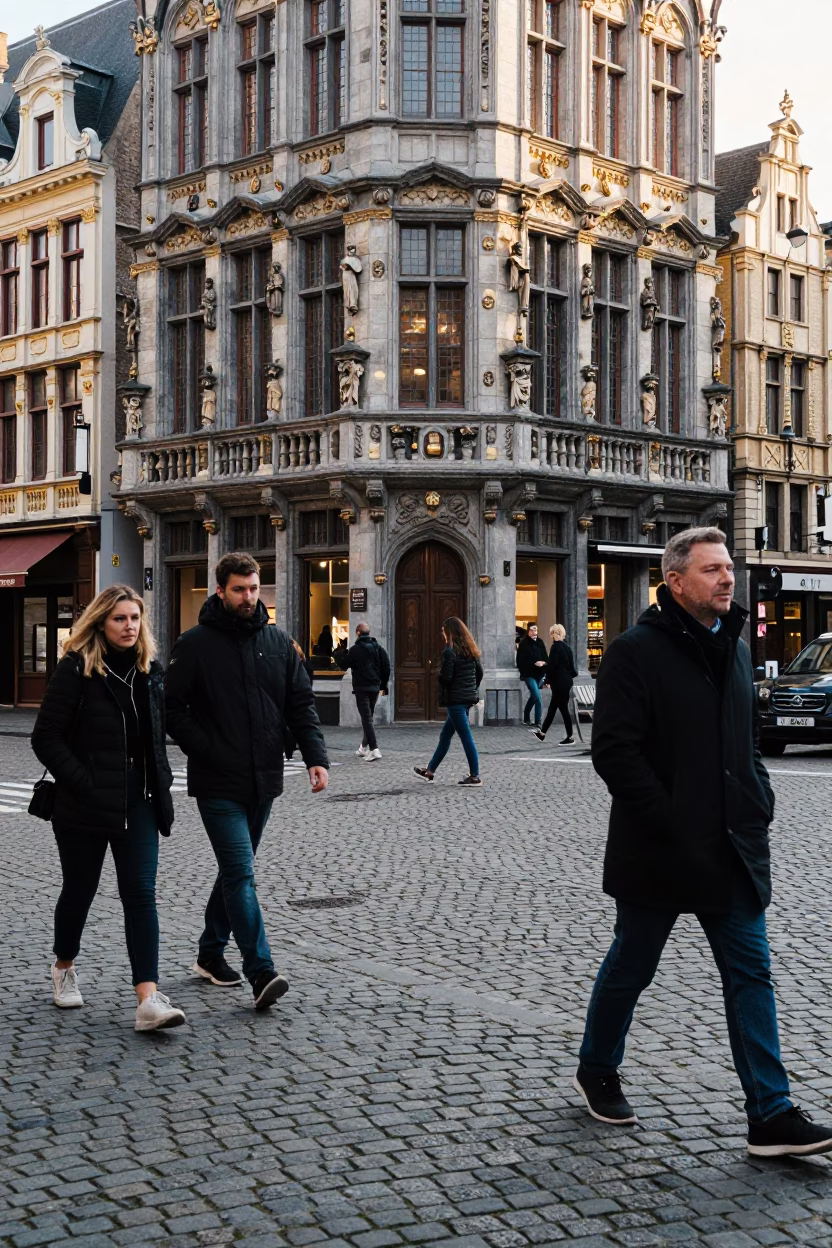 Busy Brussels Street Corner Late Morning Pedestrians and Cobblestone Architecture in in Brussels, Belgium