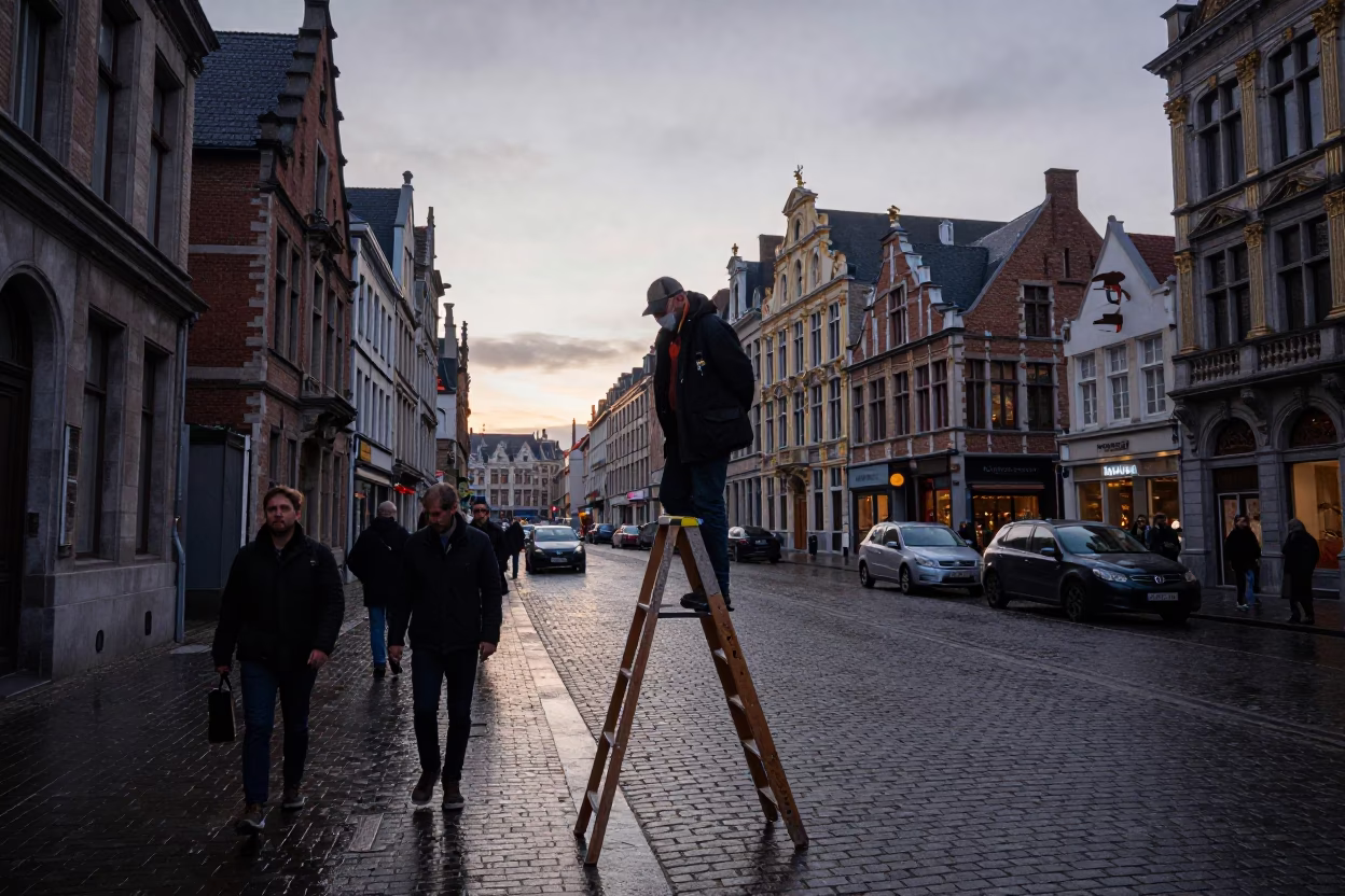 Busy Brussels street scene at dawn with step ladder and pollen on rail in in Brussels, Belgium