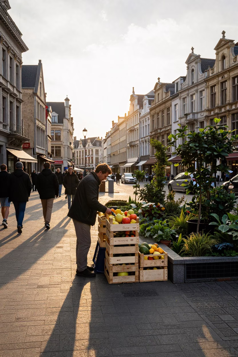 Busy Brussels Street Scene at Golden Hour with Fruit Crate and Garden Benches in in Brussels, Belgium