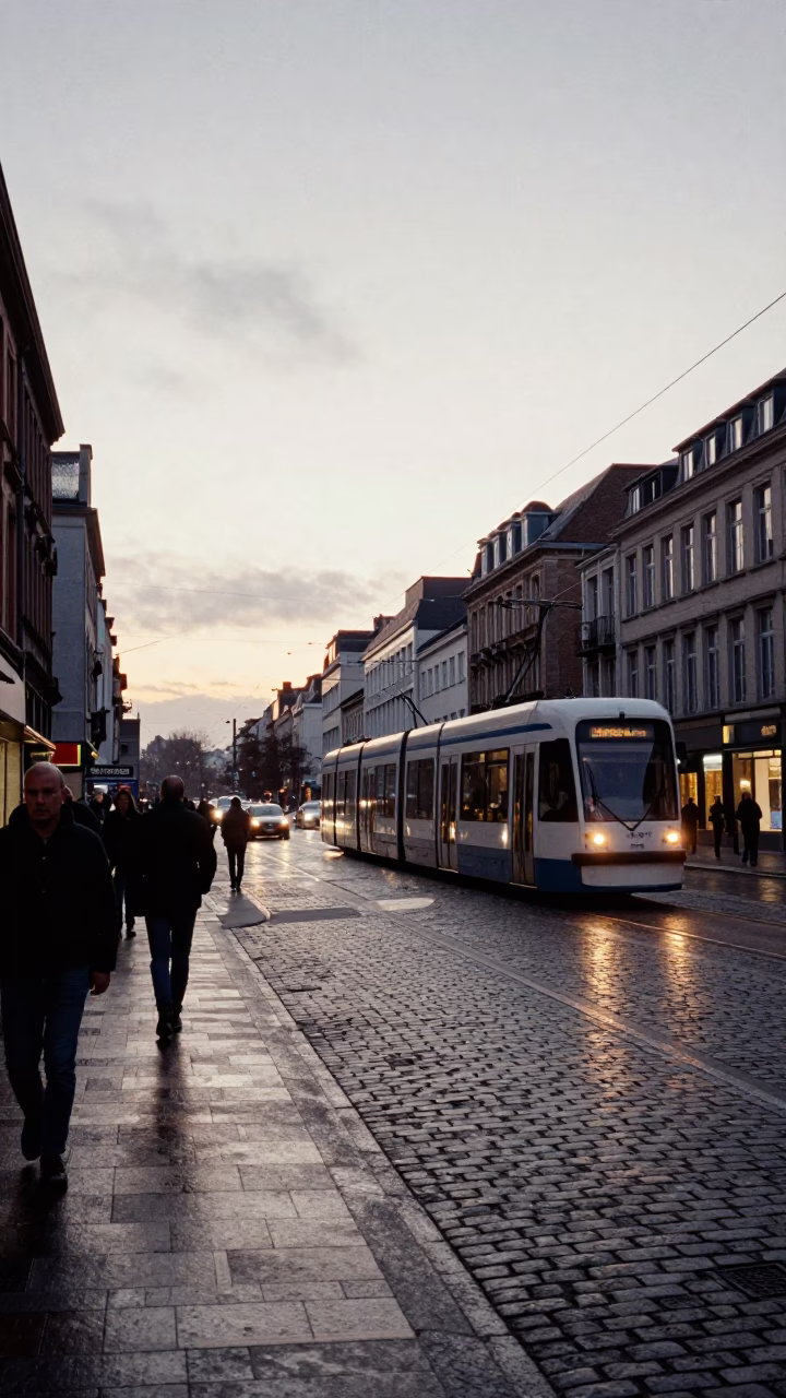 Busy Brussels Street Scene at Nautical Dawn with Tram and Cobblestones in in Brussels, Belgium