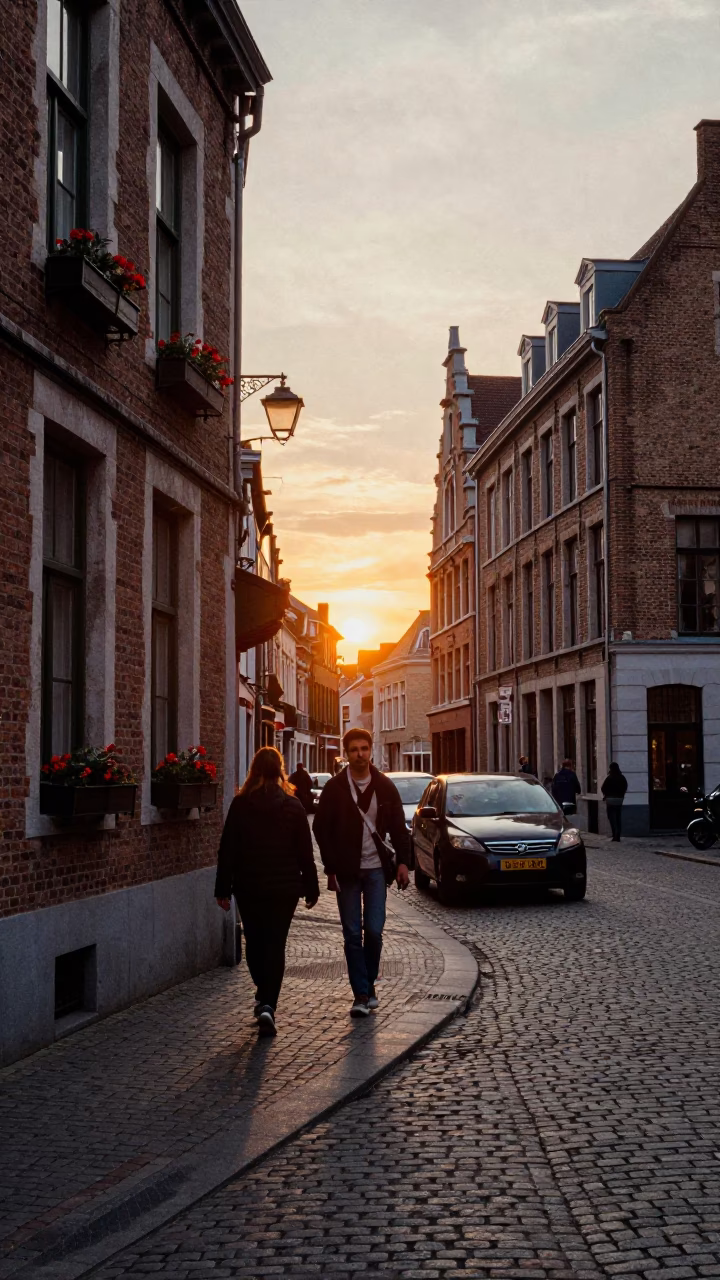 Busy Brussels street scene at sunset with window boxes and pedestrians in in Brussels, Belgium