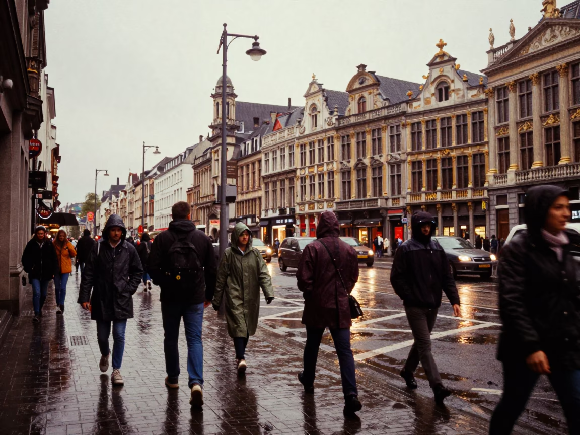 Busy Brussels Street Scene Early Evening with Raincoats and Urban Infrastructure in in Brussels, Belgium