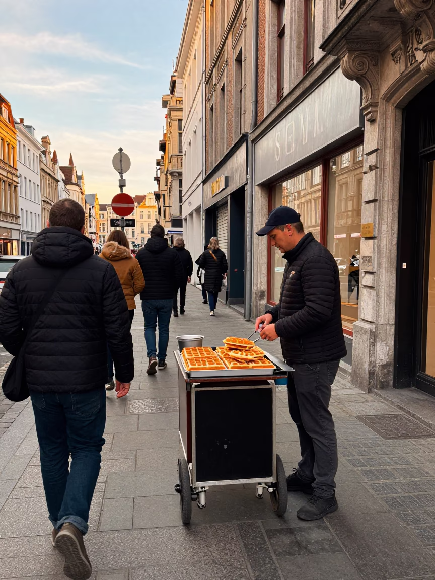 Busy Brussels Street Scene Late Afternoon with Belgian Waffle Vendor and Skye Terrier in in Brussels, Belgium