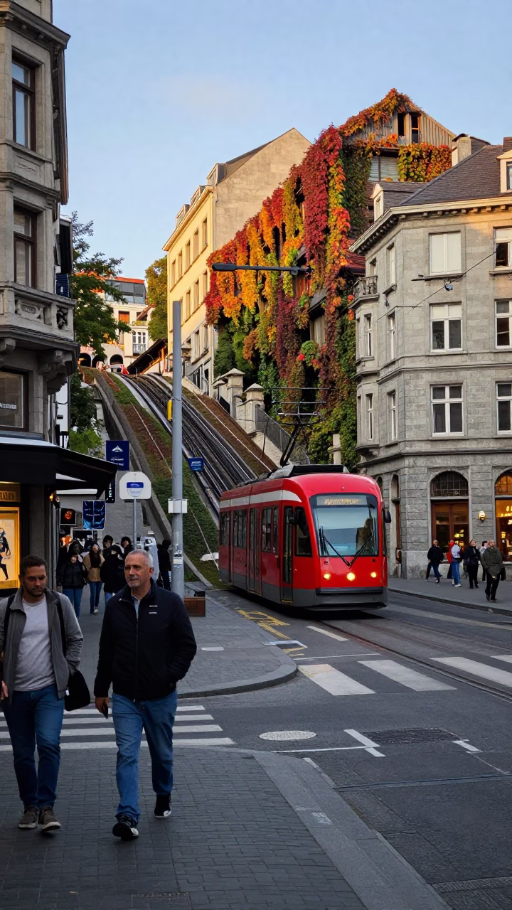 Busy Brussels Street Scene Late Afternoon with Funicular and Local Life in in Brussels, Belgium