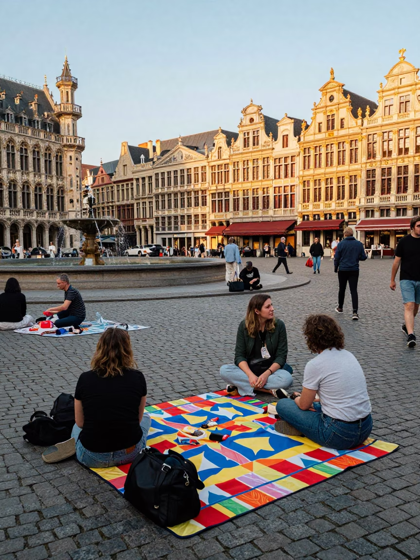 Busy Brussels Street Scene Late Afternoon with Picnic Blanket and Mangoes in in Brussels, Belgium