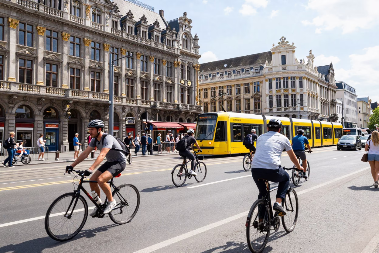 Busy Brussels Street Scene with Cyclists and Tram at Midday in Belgium in in Brussels, Belgium