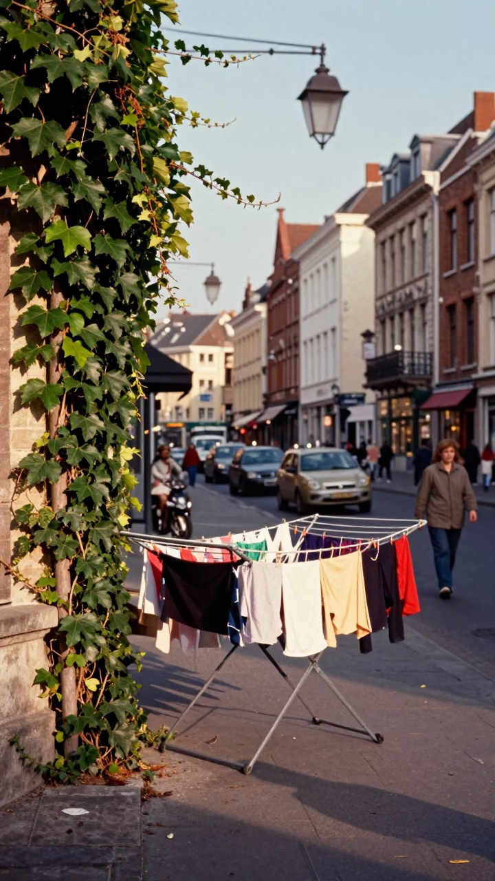 Busy Brussels Street Scene with Ivy and Drying Rack in Late Afternoon Light in in Brussels, Belgium