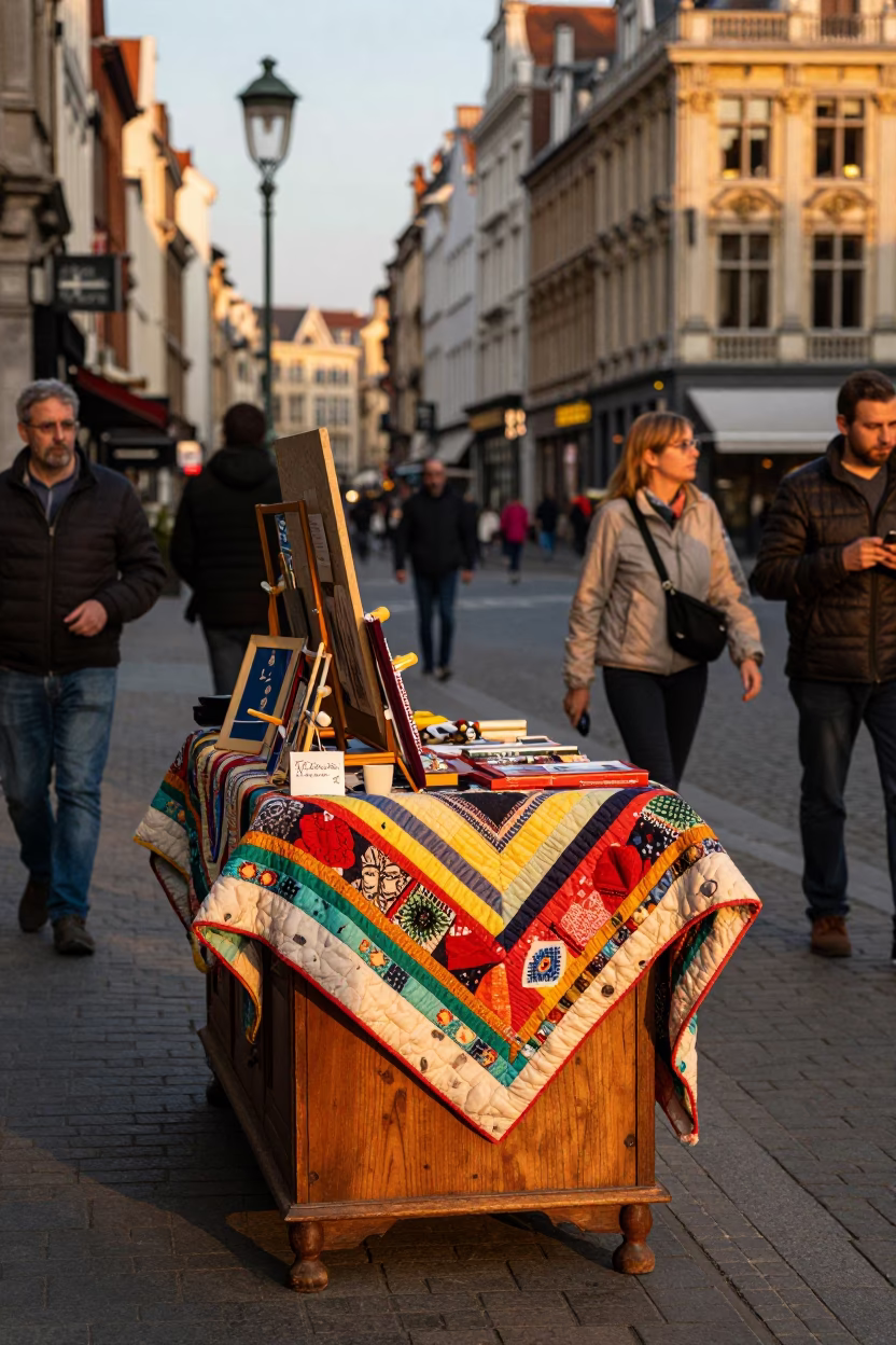 Busy Brussels street scene with sideboard and quilt in honeyed evening light in in Brussels, Belgium