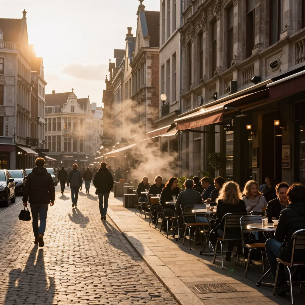 Busy Brussels Sunset Street Scene with Steam Haze and Vintage Urban Life in in Brussels, Belgium