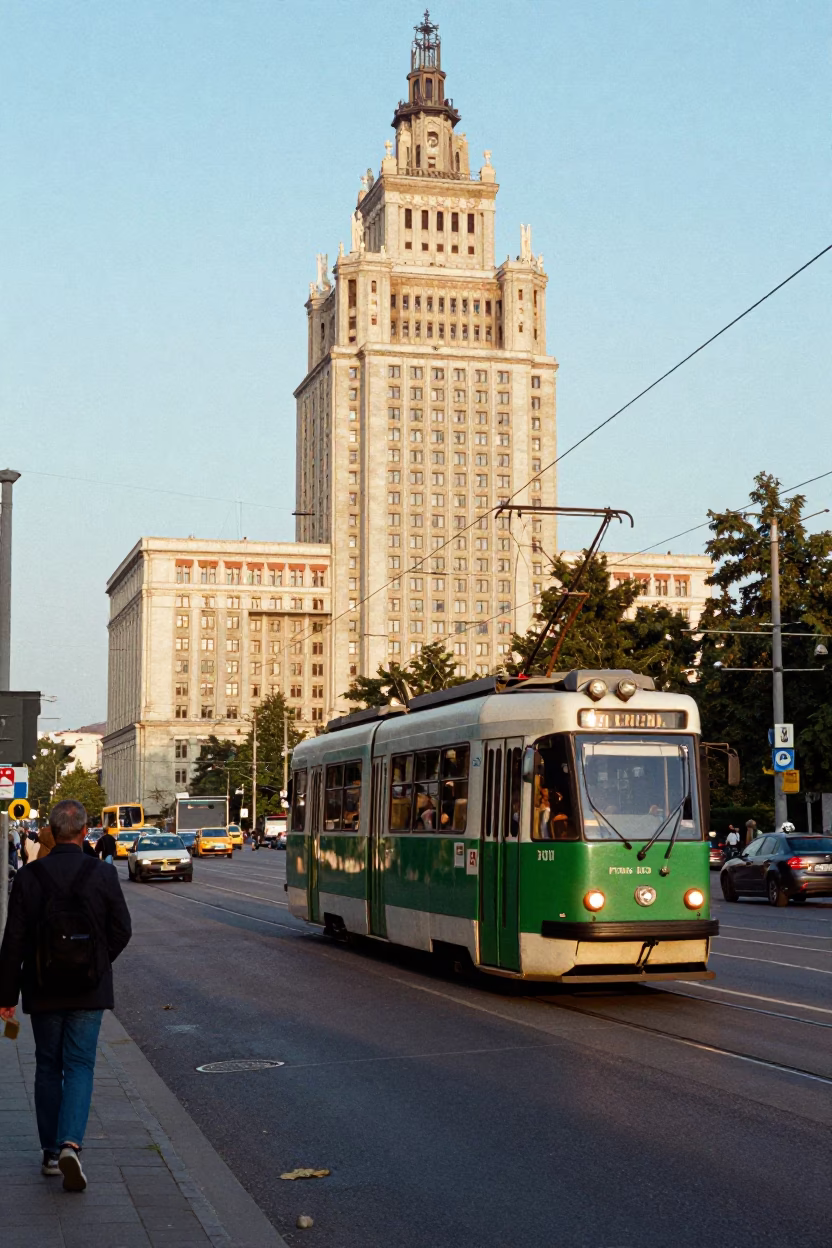 Busy Budapest Boulevard Late Afternoon Light Tramcar and Concrete Brutalist University Building in in Budapest, Hungary