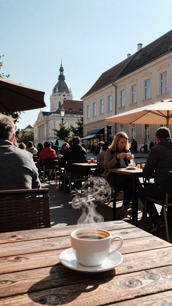 Busy Budapest Cafe Terrace Afternoon With Steam And Local Detail in in Budapest, Hungary