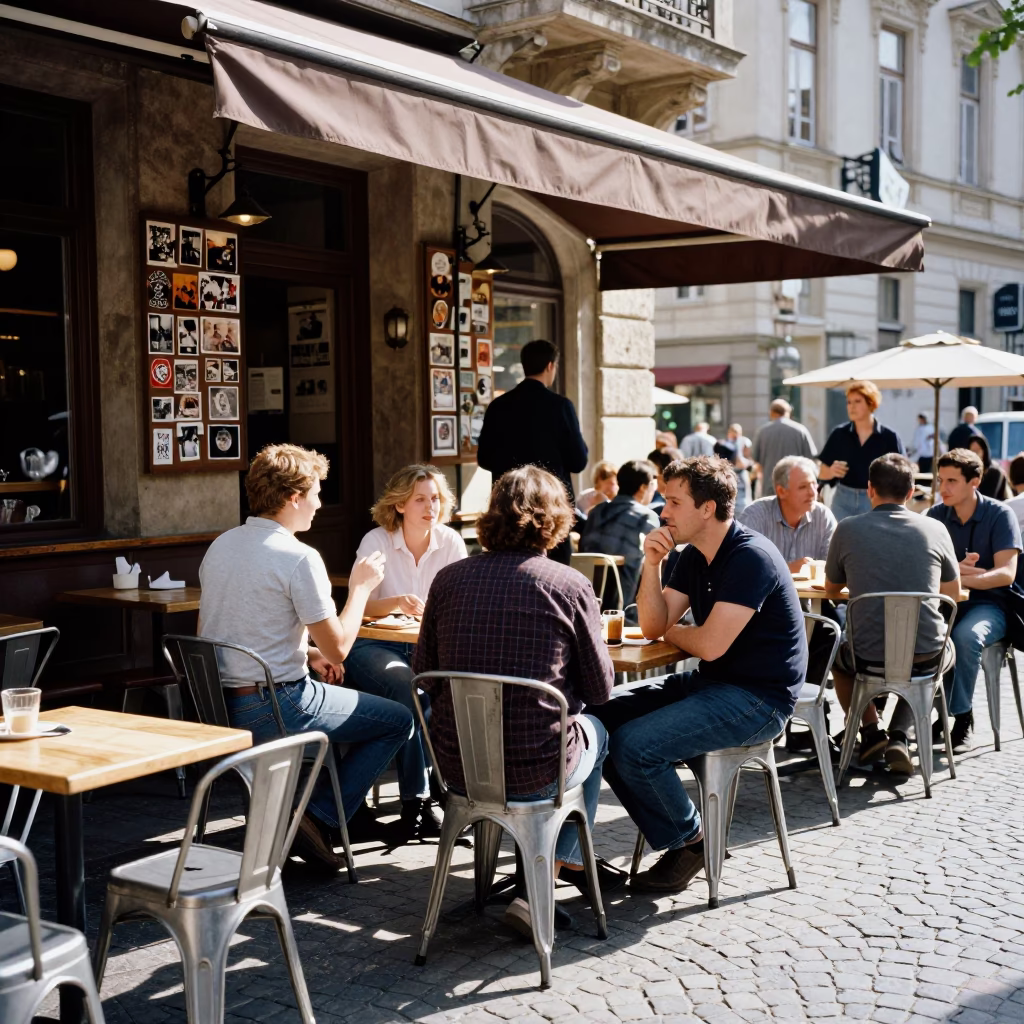 Busy Budapest Cafe Terrace with Metal Stools and Postcards in in Budapest, Hungary