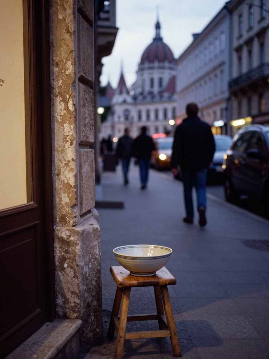 Busy Budapest Evening Street Scene with Ceramic Bowl and Doorframe in Hungarian City in in Budapest, Hungary