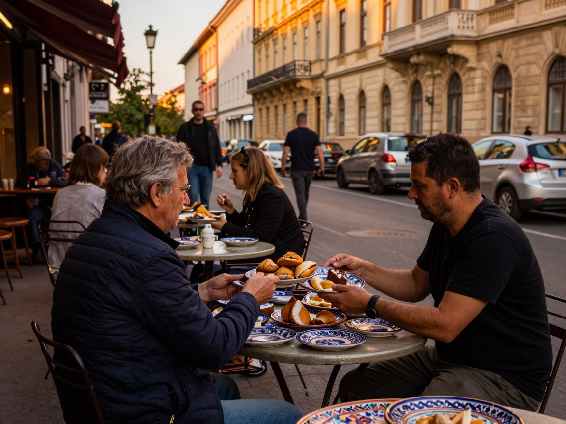 Busy Budapest Evening Street Scene with Majolica Plates and Traditional Hungarian Architecture in in Budapest, Hungary