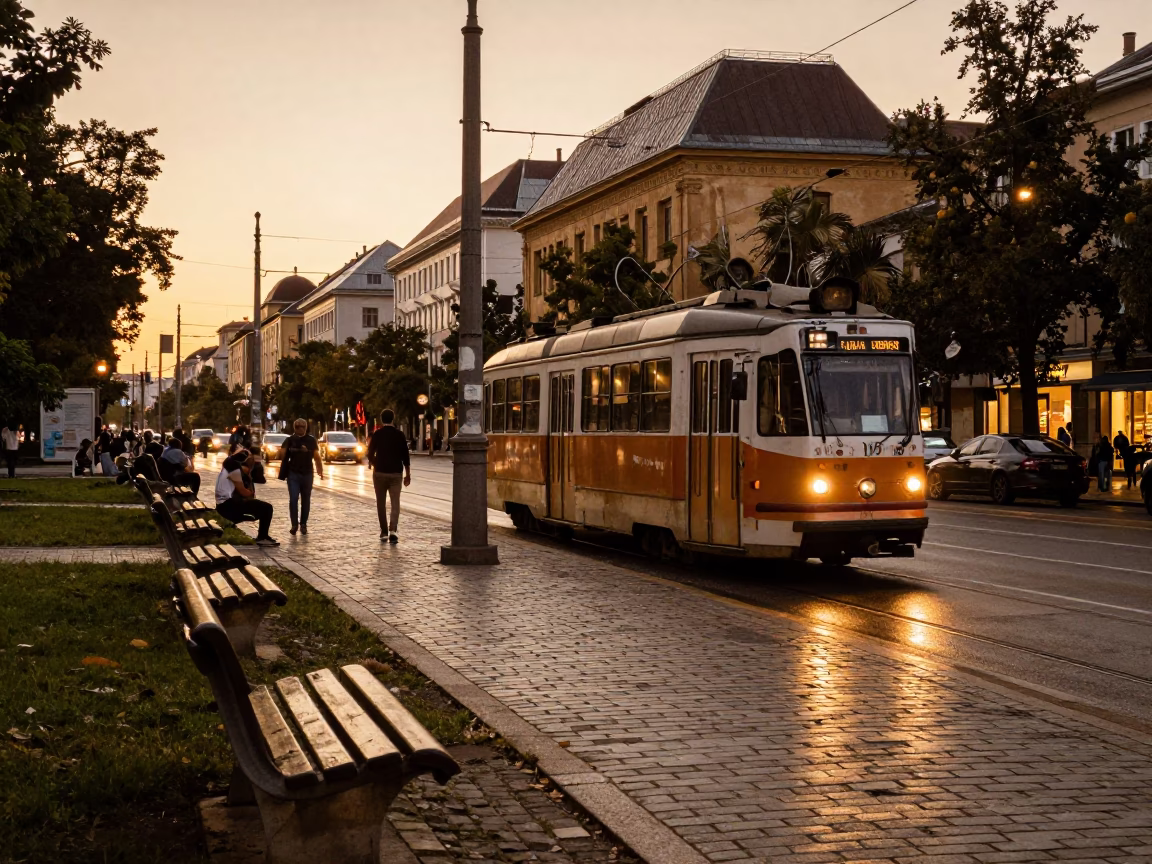 Busy Budapest Evening Street Scene with Park Bench and Tram Reflections in in Budapest, Hungary