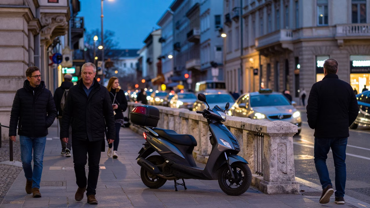 Busy Budapest Evening Street Scene with Scooter and Local Life in in Budapest, Hungary