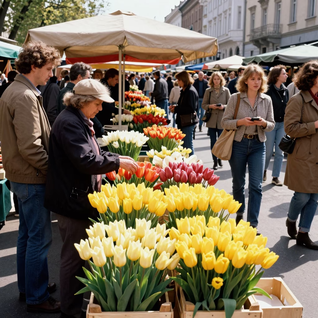Busy Budapest Market Stall Midday with Tulips and Local Commerce in in Budapest, Hungary