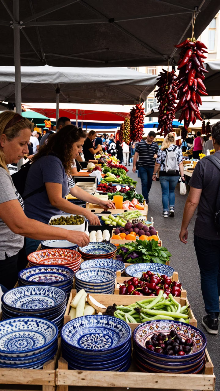 Busy Budapest Market Stall with Majolica Plates and Fresh Pasta at Midday in in Budapest, Hungary
