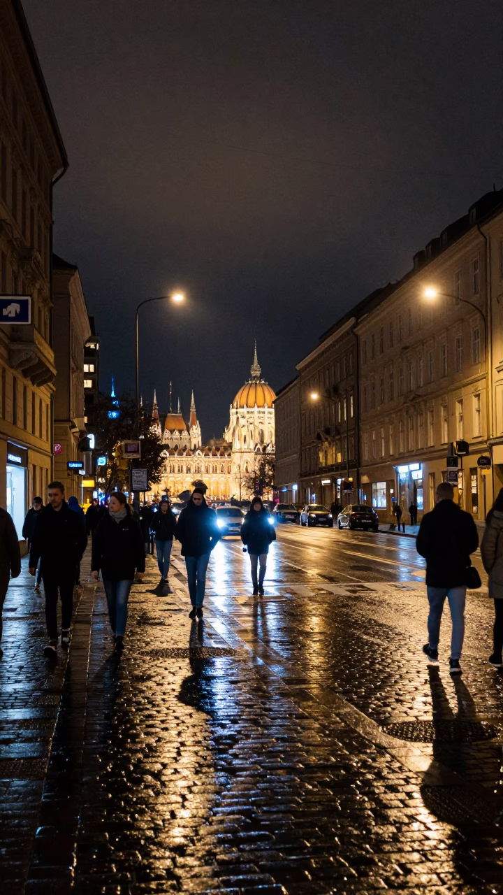 Busy Budapest Night Street Scene with Neon Reflections and Urban Activity in in Budapest, Hungary