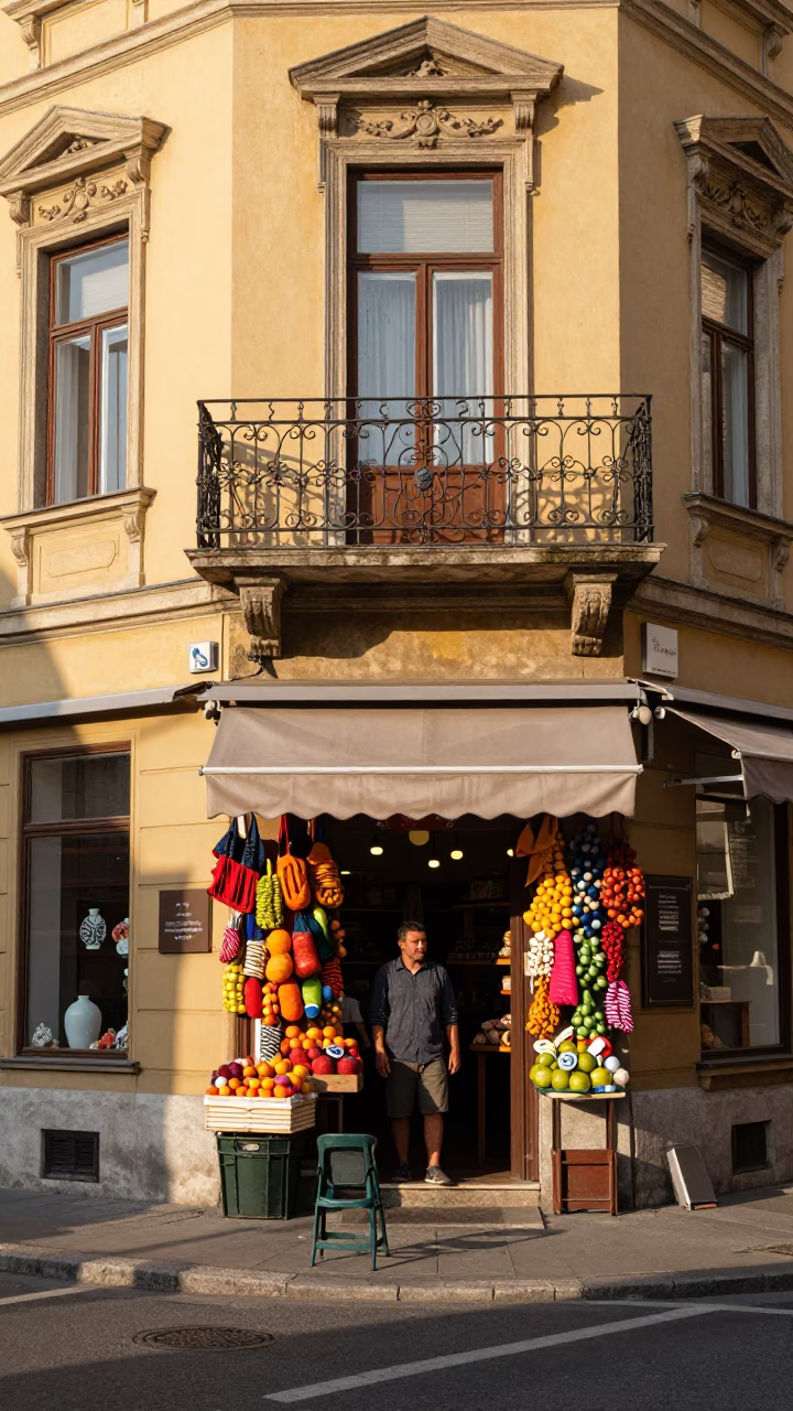 Busy Budapest Street Corner Late Afternoon Light with Local Shop Display in in Budapest, Hungary