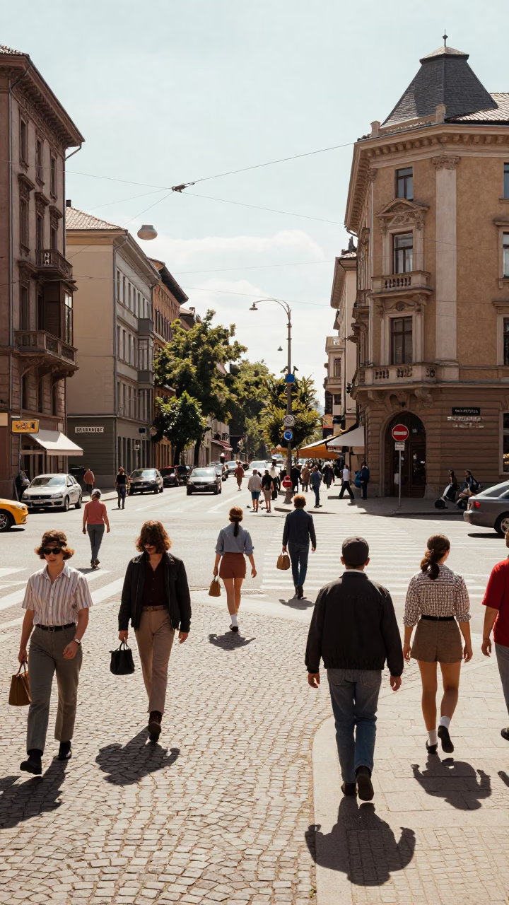 Busy Budapest Street Corner Midmorning Light with Vintage 1970s Aesthetic and Local Daily Life in in Budapest, Hungary