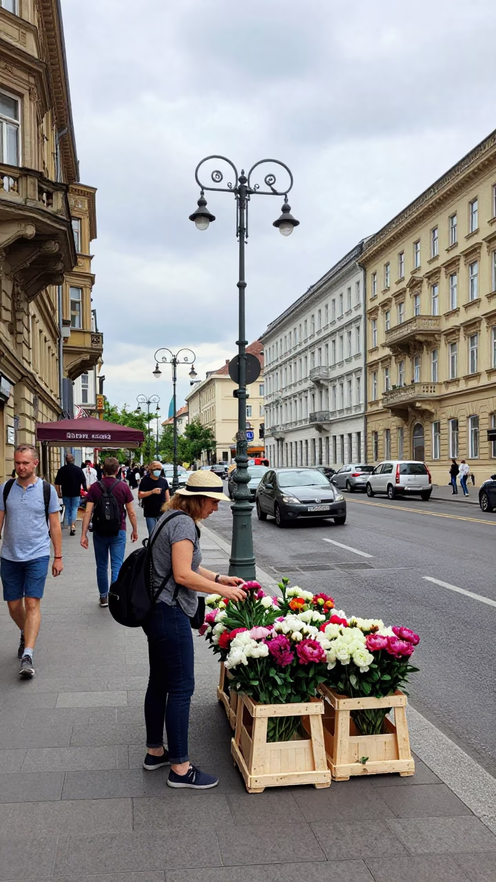 Busy Budapest Street Corner Overcast Midday Life and Local Commerce in in Budapest, Hungary
