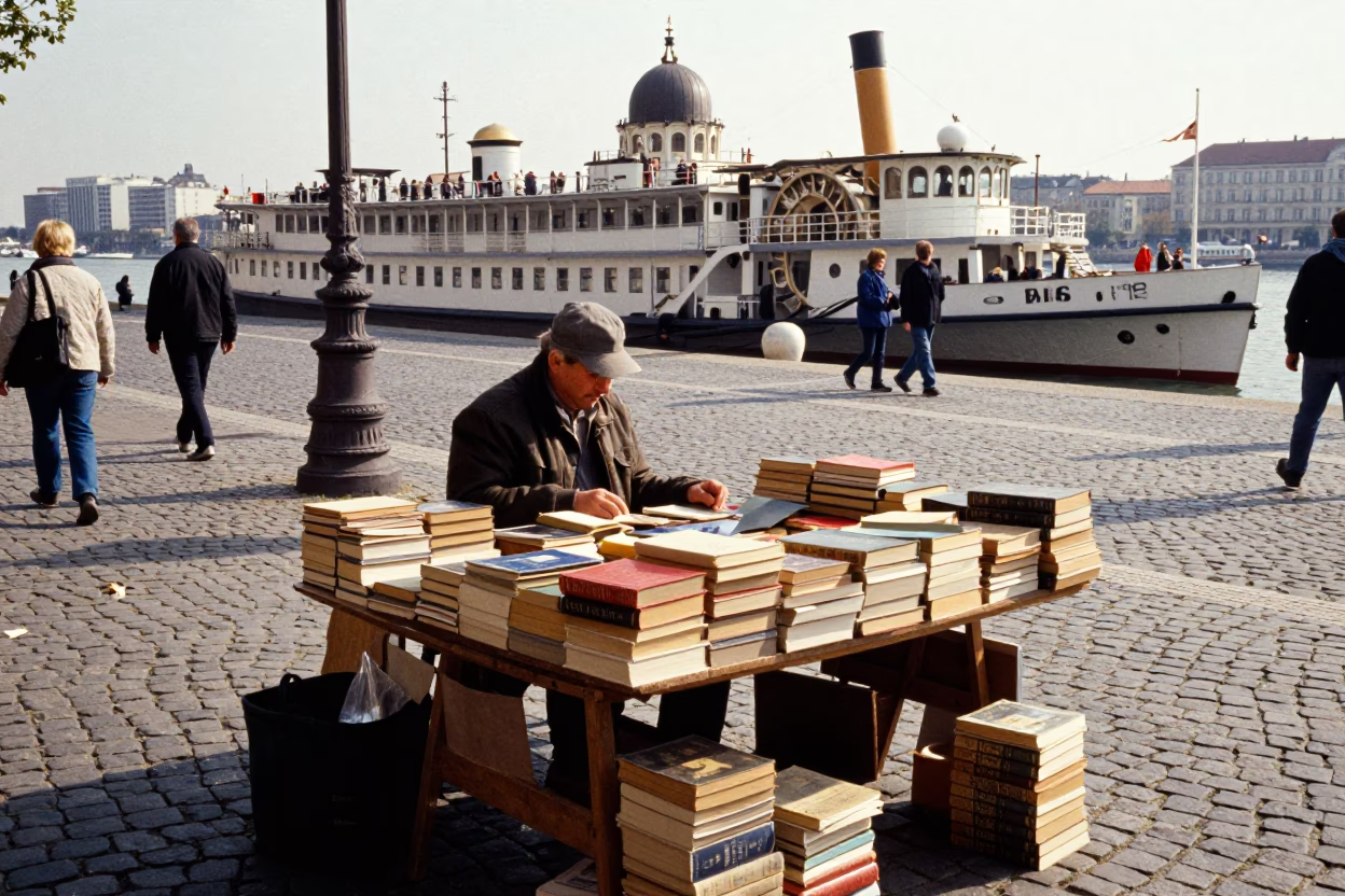 Busy Budapest Street Corner with Paddlewheel Steamboat and Books in Early Afternoon in in Budapest, Hungary