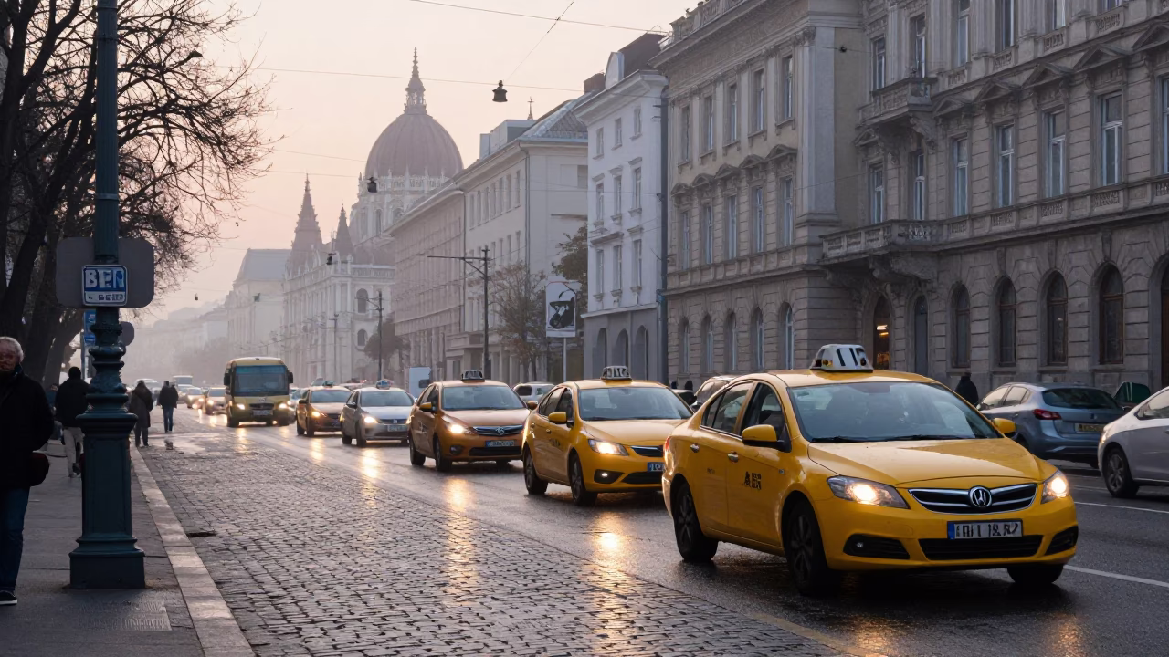 Busy Budapest Street Scene at Dawn with Yellow Taxi and Shirt Hangers in in Budapest, Hungary