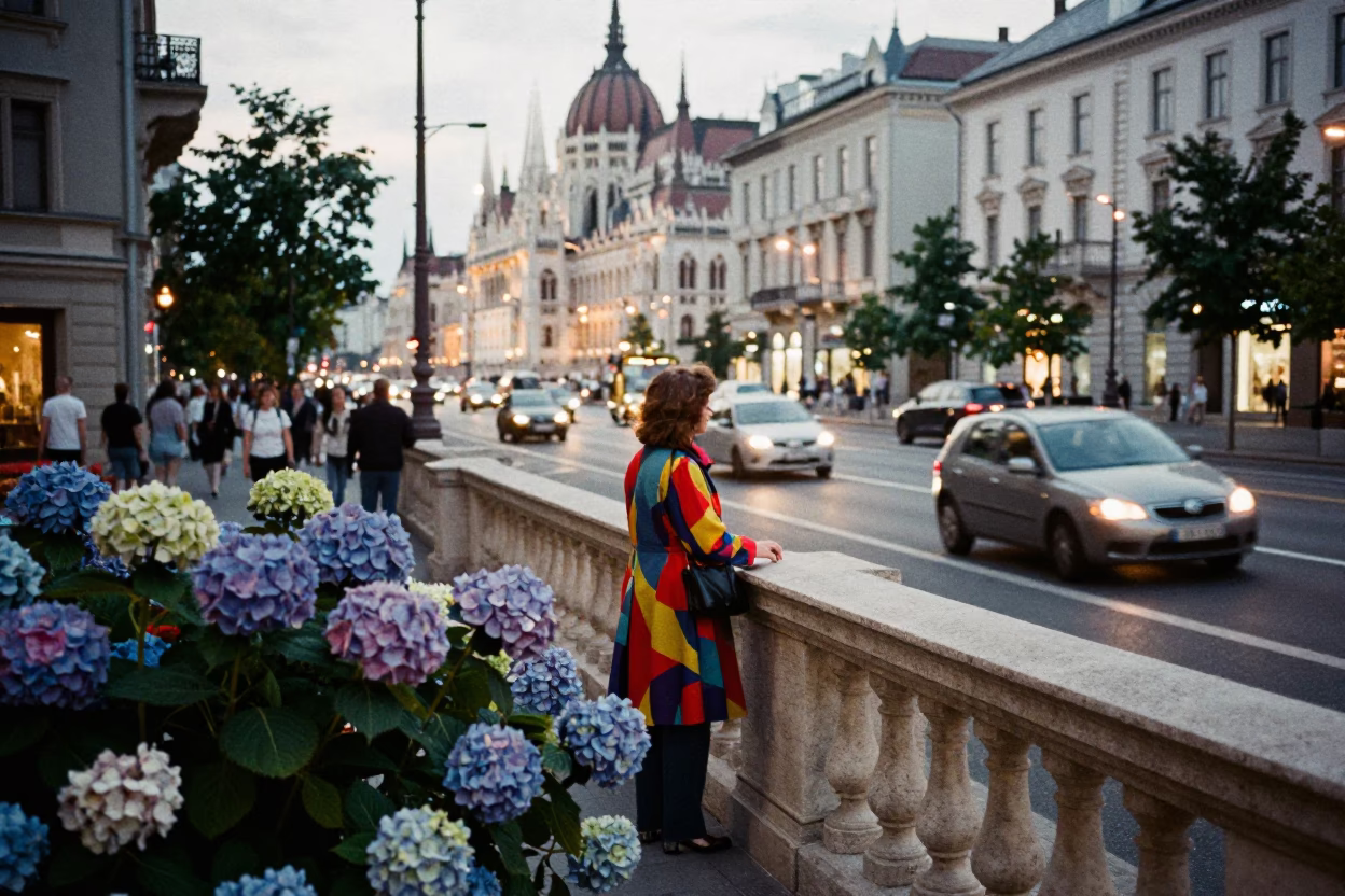 Busy Budapest Street Scene at Dusk with Hydrangeas and Vintage Details in in Budapest, Hungary