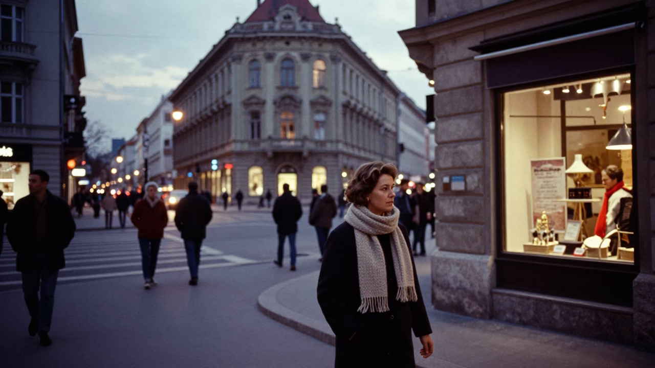 Busy Budapest Street Scene at Dusk with Scarf and Potted Geraniums in in Budapest, Hungary