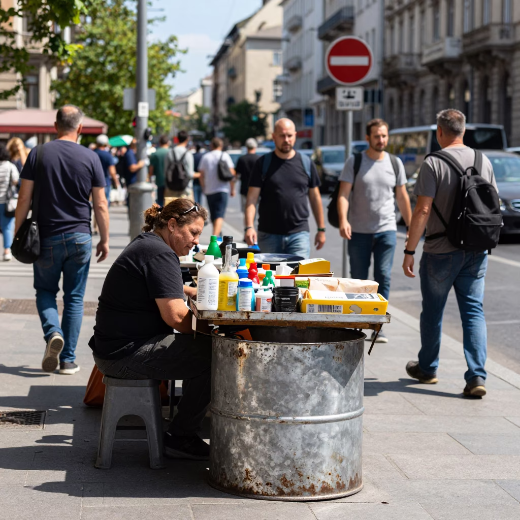 Busy Budapest Street Scene at Noon with Dented Metal and Wicker Shadows in in Budapest, Hungary