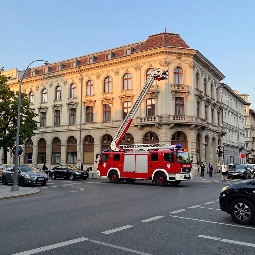 Busy Budapest Street Scene Early Afternoon with Fire Engine and Vintage Cars in in Budapest, Hungary