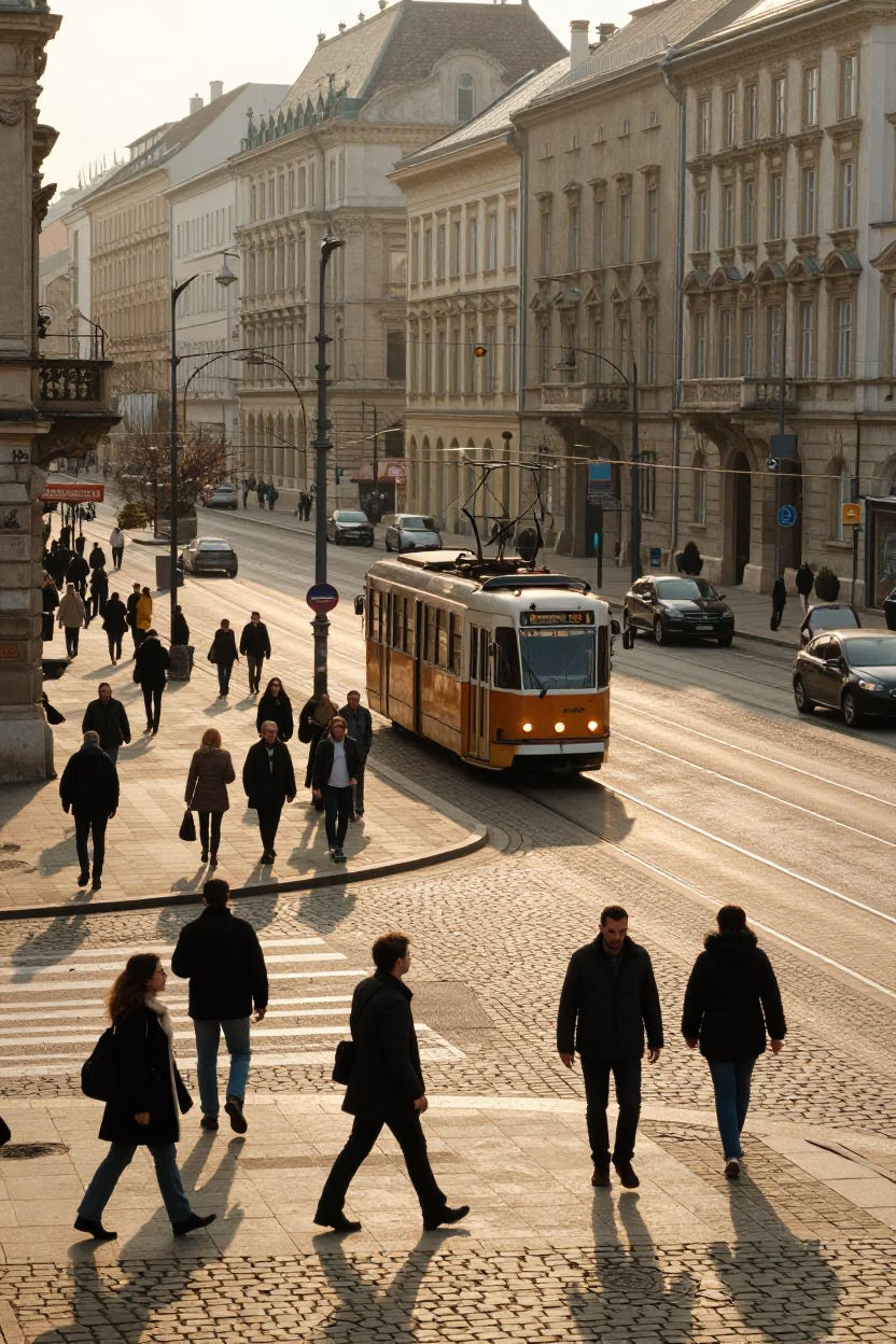Busy Budapest Street Scene in Early Morning Light with Vintage 1950s Atmosphere in in Budapest, Hungary
