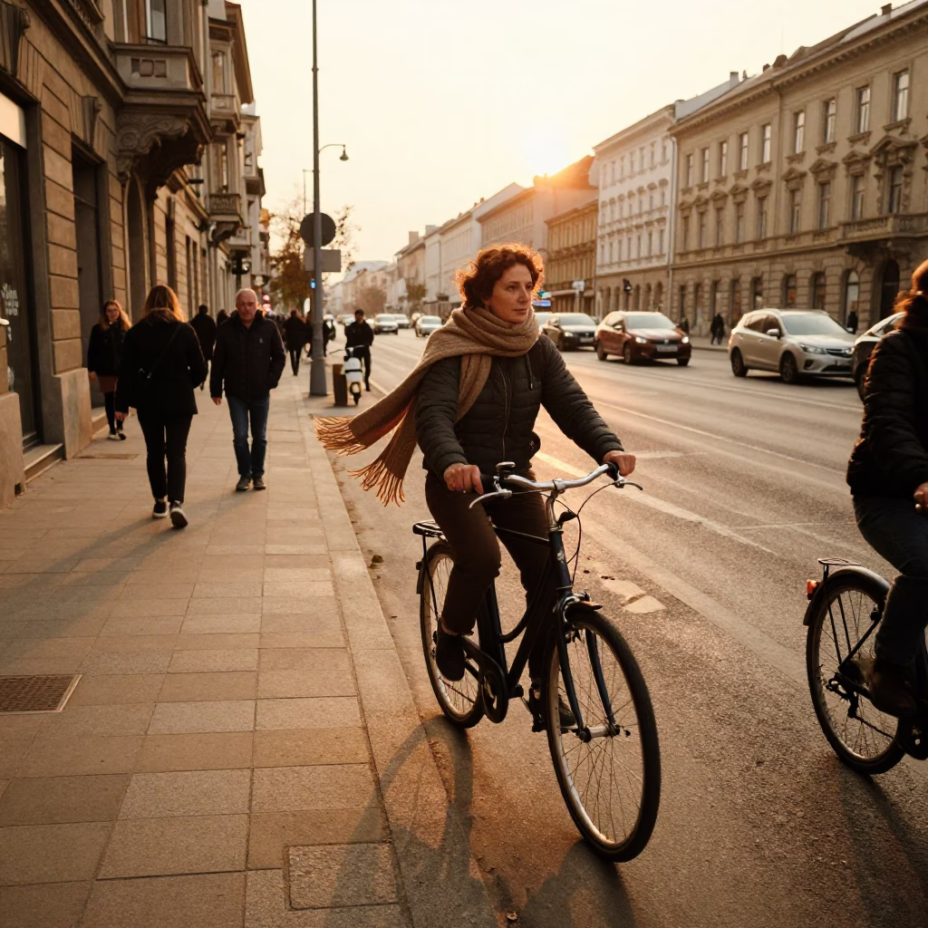 Busy Budapest street scene in honeyed evening light with bicycle and scarf details in in Budapest, Hungary