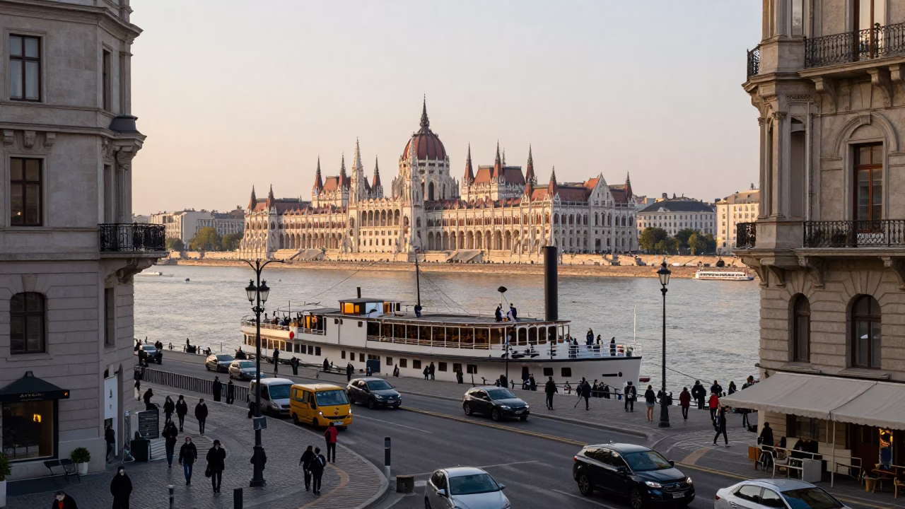 Busy Budapest Street Scene Just After Sunrise with Steamboat on the Danube River in in Budapest, Hungary