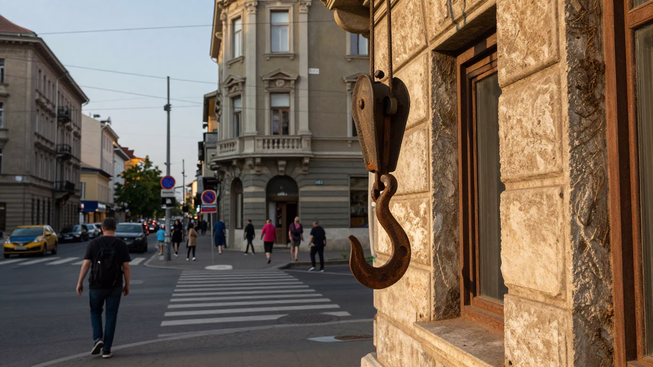 Busy Budapest Street Scene Late Afternoon with Iron Hook and Pulley Details in in Budapest, Hungary